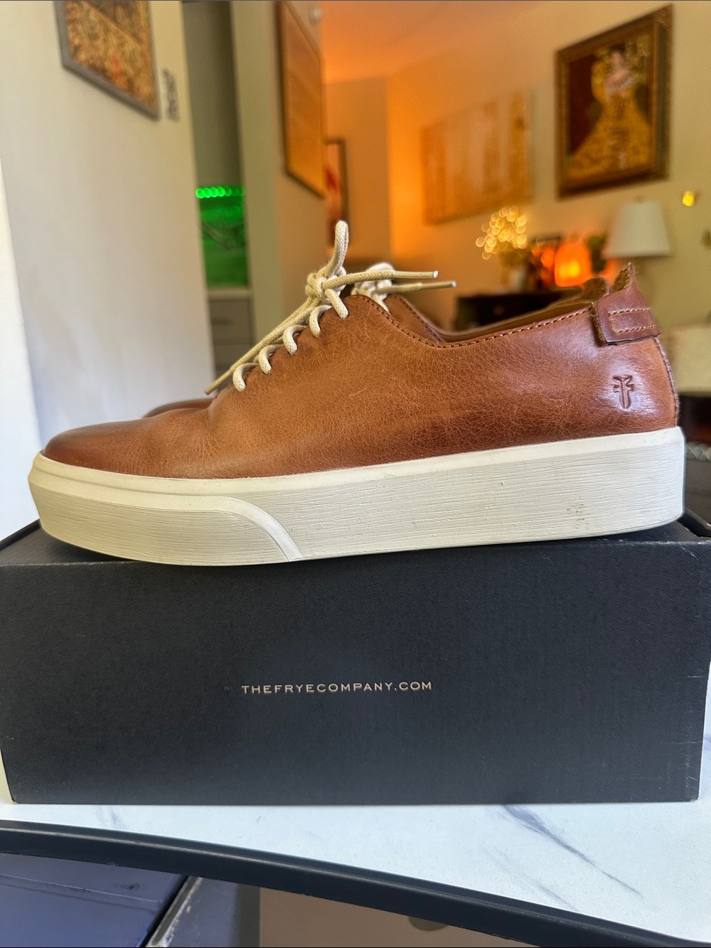 Frye Men's Caramel Leather Low-Top Sneaker with Cream Sole (size 9)